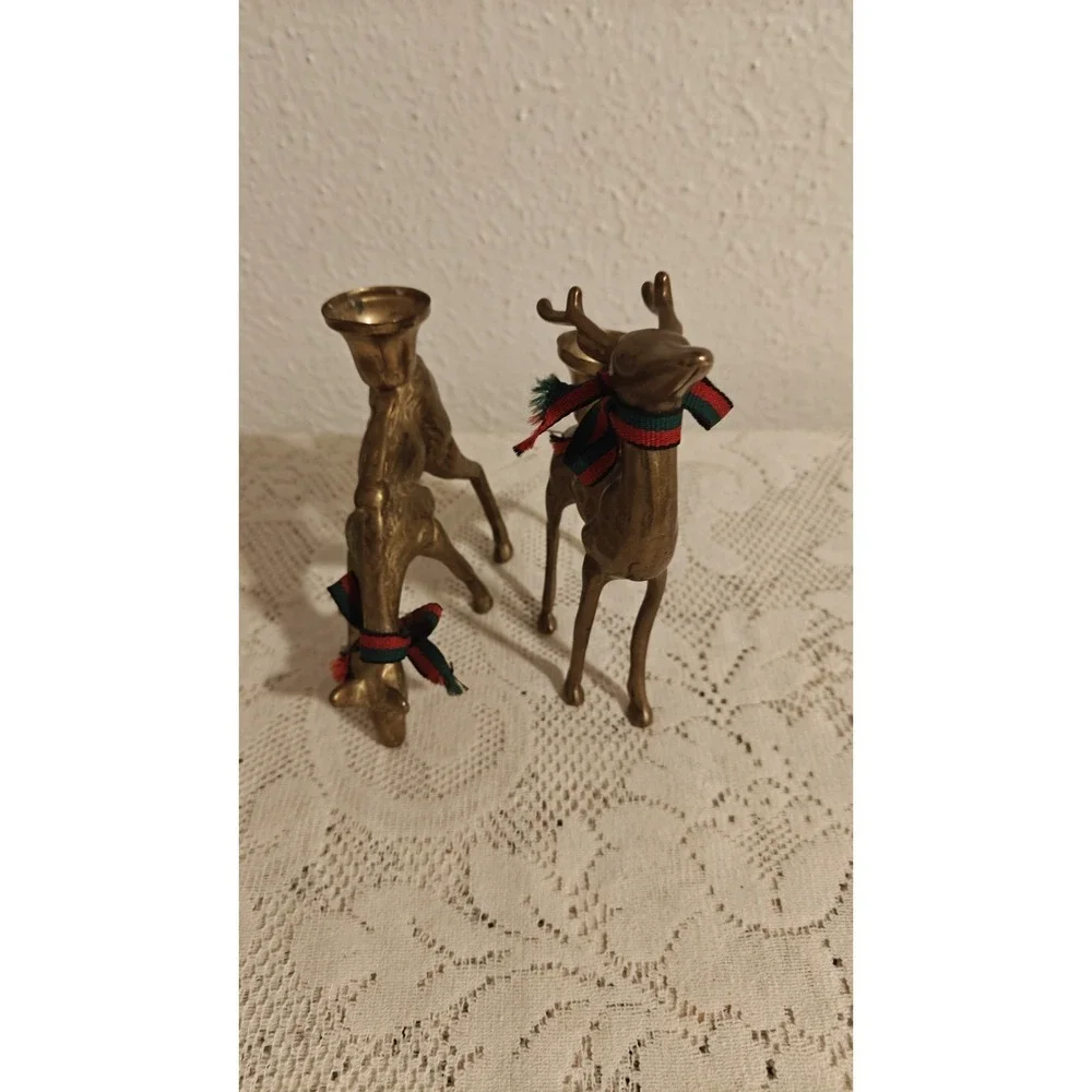 Vintage  Small Brass  Deer Figurine Candle Holder Decor  Set of 2